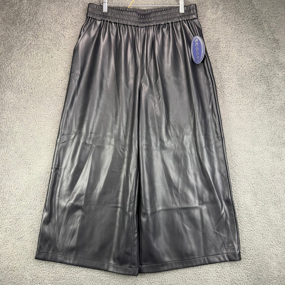 Scoop Womens Black Faux Leather Wide Leg Pants Size L 12-14 Elastic Waist